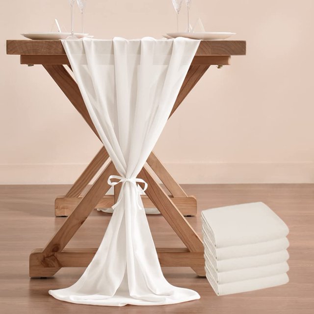 5pcs Chiffon Table Runner Bulk 29x120 Inches Rustic Wedding Table Runner for Bridal Shower Wedding Party,5 Pieces,Ivory