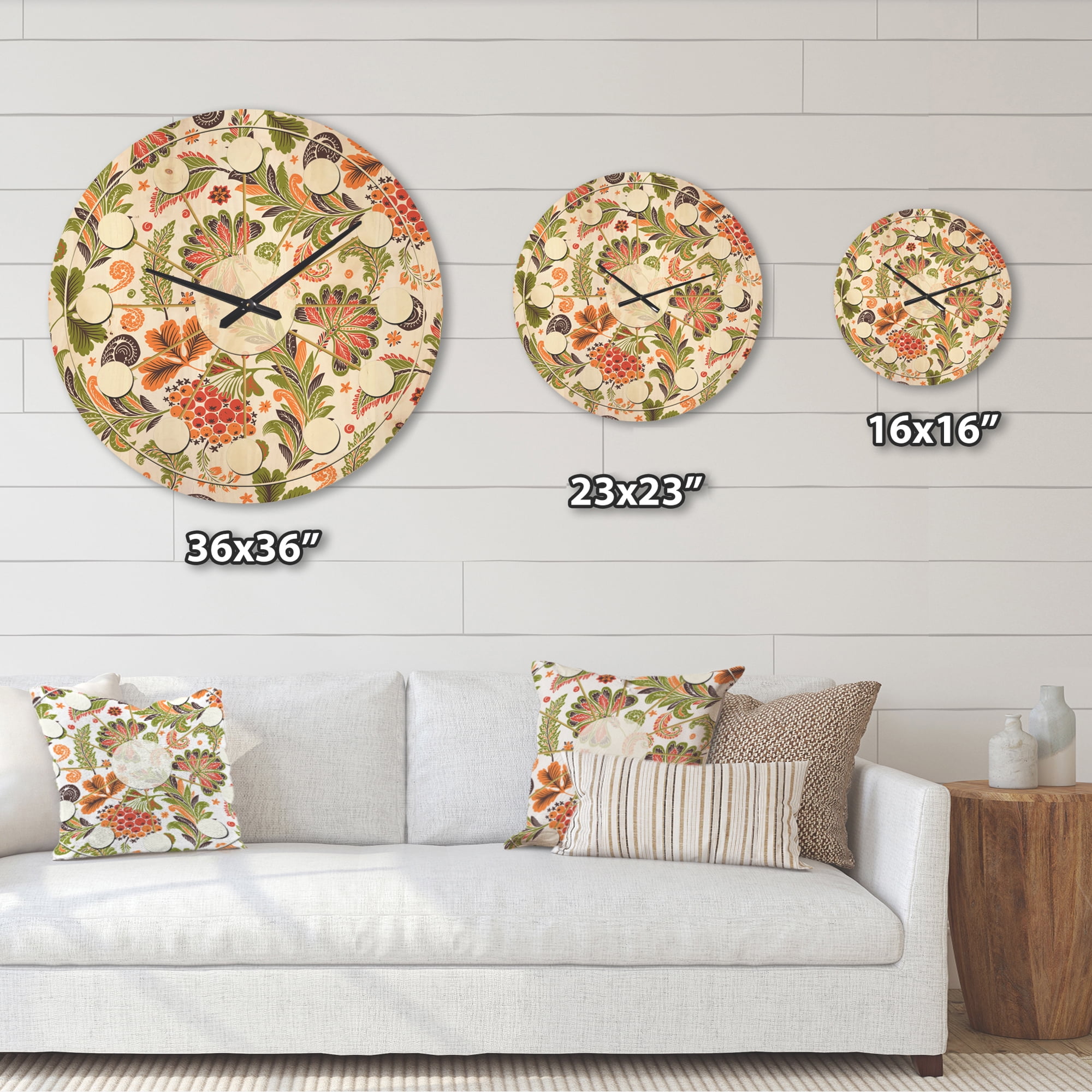 Designart 'Retro Fantasy Flowers On White I' Mid-Century Modern Wood Wall Clock