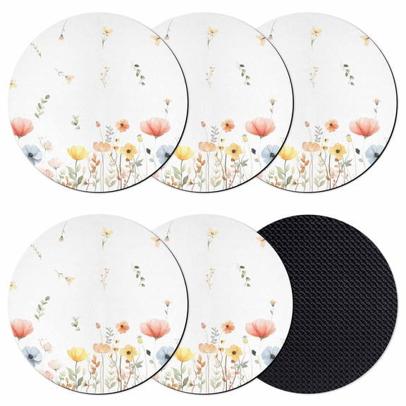 Spring Wildflowers Coasters Set of 6, Absorbent Coasters for Drinks, Watercolor Rustic Flowers Floral Leaves Coaster for Desk Coffee Table Protection, Home Decor House Warming Gifts 4"
