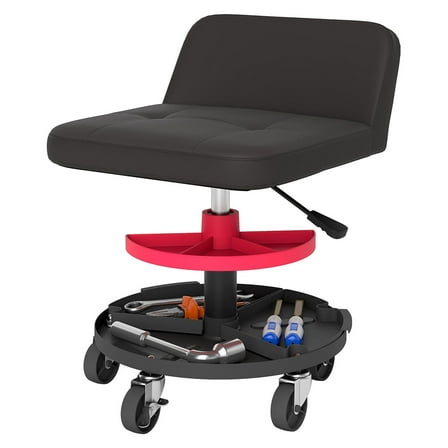 Mechanic Rolling Stool 300 LBS, Garage Creeper Seat with 360° Wheels, Adjustable Height, Tool Tray, Black, Heavy Duty for Automotive Repair & Workshop