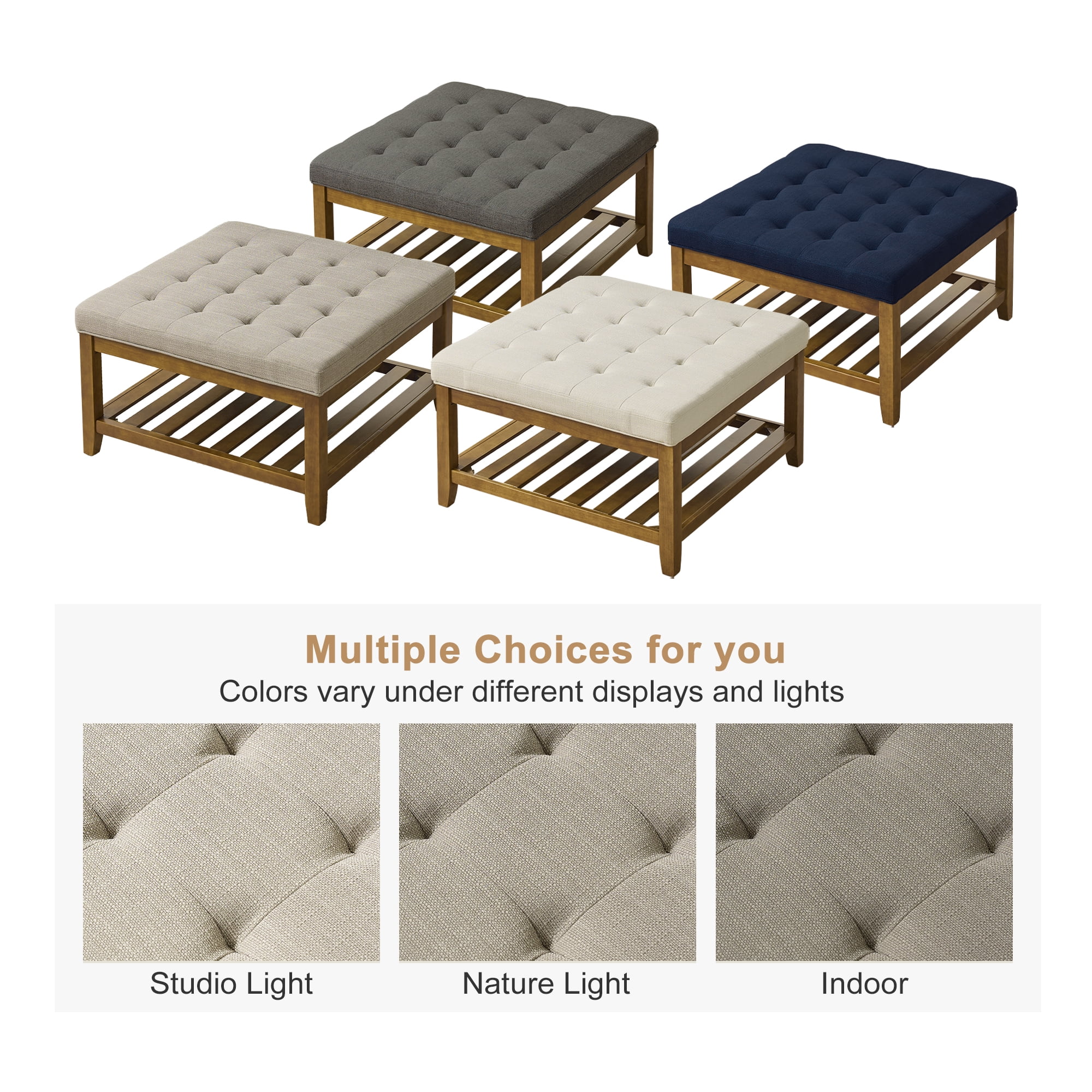 Square Upholstered Ottoman Coffee Table with Storage Shelf, Linen Fabric, Tufted Top, 31.9"x31.9", Beige