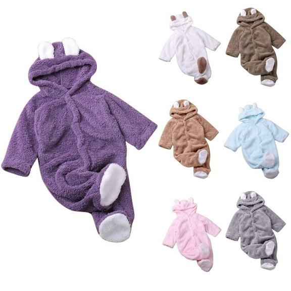 Eltusu Baby Girls Fleece Jumpsuits, Hooded Comfort Thermal Long Sleeve Winter Rompers Purple Size 0-12 Months