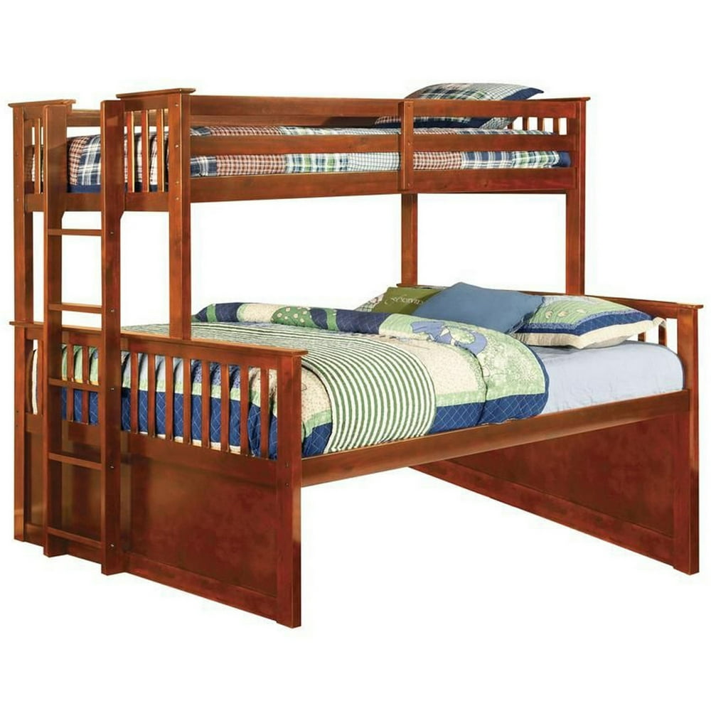 Slatted XL Twin over Queen Bunk Bed with Side Ladder, Oak Brown