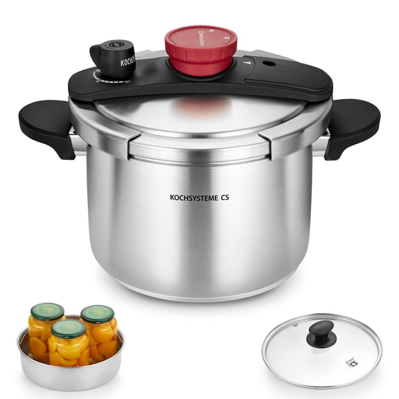 Koch Systeme CS 6.3 Quart Stainless Steel Pressure Cooker, Olla de Presion, 18/10 Stainless steel Pressure Cooker with Glass Lid, One-Hand Locking, Stovetop Compatible Induction Ready