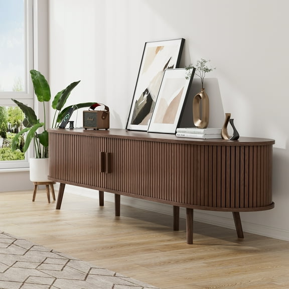 69" TV Stand with Charging Station and Drawers fit 65"- 75" TVs. Mid century Modern TV Stand, Wood Entertainment Center for Living Room and Bedroom, Media Console and Modern TV Console Table ,Walnut