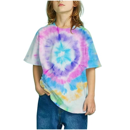 

Clearance! SDJMa Girls Active Short Sleeve Tie Dye Tops Girls Casual Tunic Crew Neck Loose Soft Blouse T-Shirt