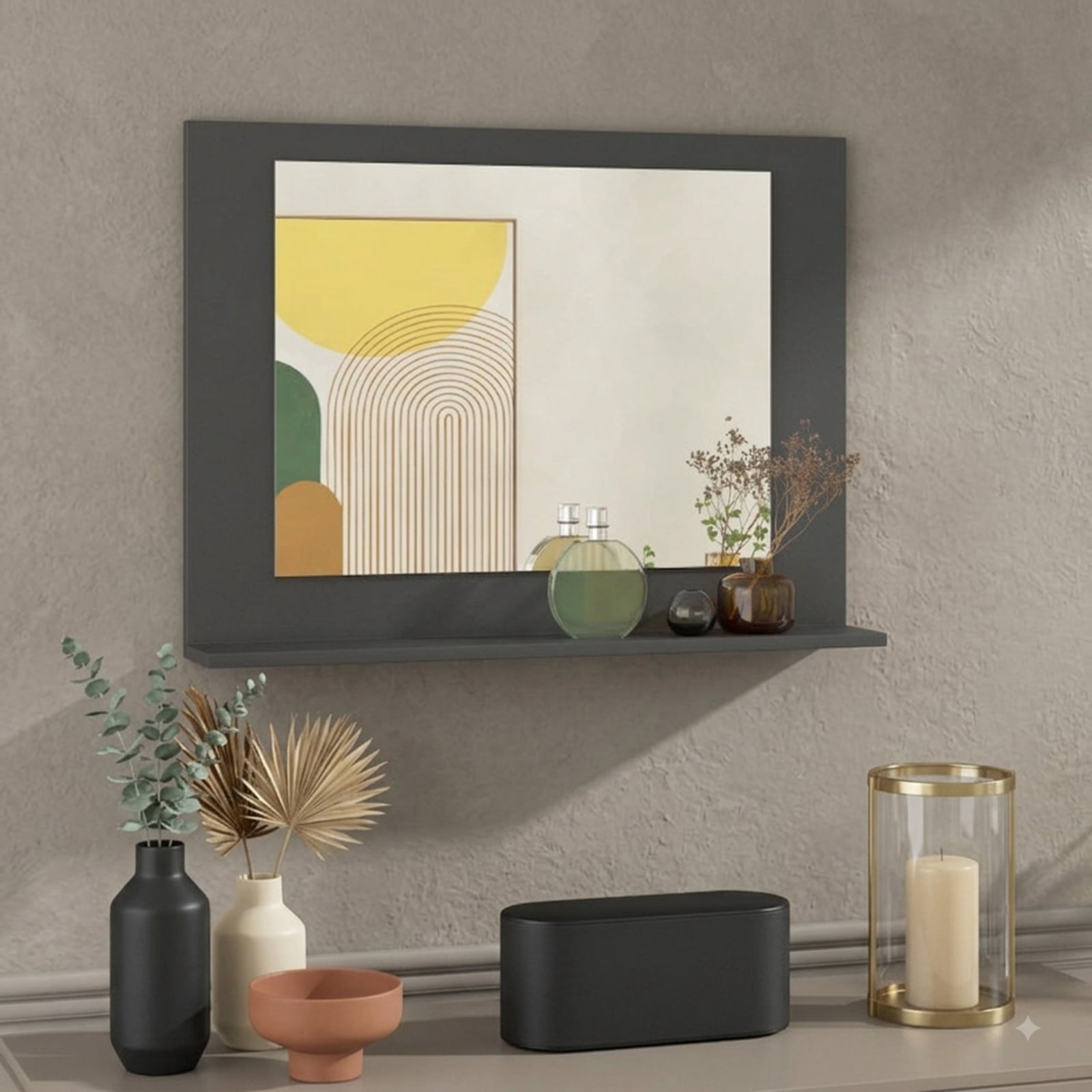 Vebreda Bathroom Wall Mirror, Rectangle Bathroom Mirror with Shelf 23.5 x 17.5 Inch and Wood Frame, Functional Design, Crystal-Clear Reflection