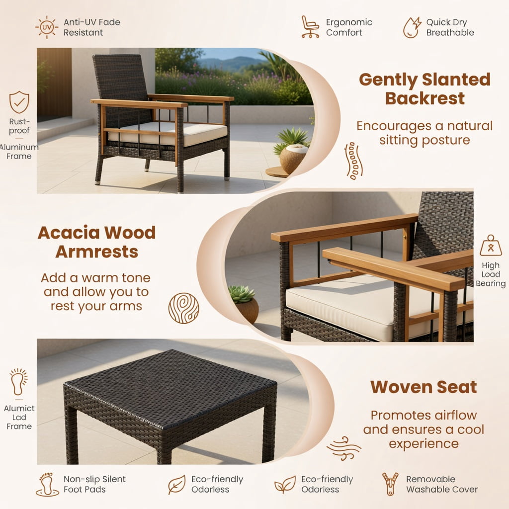 Hommoo 2-Piece Acacia Wood Patio Dining Chair Set with Removable Cushions, PE Rattan & Metal Frame, Ergonomic Design for Porch, Patio & Poolside, White