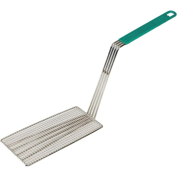 Truecraftware – 11" x 4-3/4" Rectangular Deep Fry Basket Press Heavy Duty Nickel Plated Iron with Green Coated Handle - Kitchen Frying Chips Fish Sausages