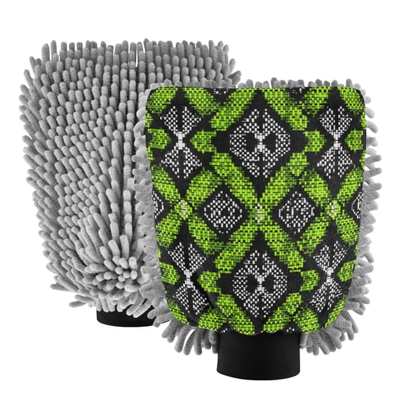 Microfiber Car Wash Gloves With Chenille & Polyester Terry Scratch-Free Cleaning Elastic Cuffs Plaid in Green
