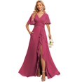 thumbnail image 1 of Vestido de dama de honor deamify fucsia de chifón con cuello en V, corte A 2025, 1 of 7