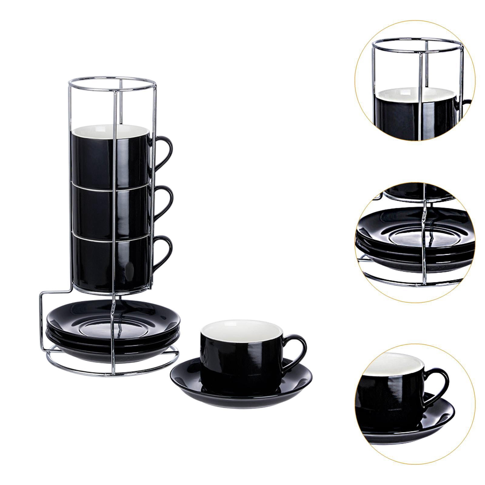 Esquirla Ceramic Espresso Cups Coffee Cups,Sturdy,Porcelain,Espresso Mugs with Saucers and Metal Stand Stackable for Cappuccino Coffee 5OZ