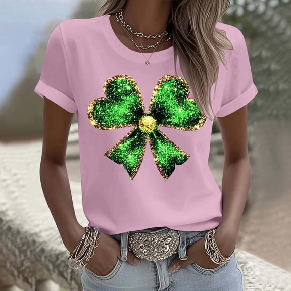 YueHuiYing St Patrick's Day V Neck Shirts for Womens Irish Green Bow Graphic Tee Funny Heart Printed Short Sleeve Shirts Tops