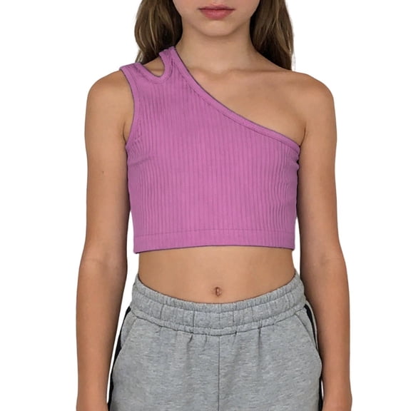 YOUYEDIAN Girls One Shoulder Crop Top Solid Color Ribbed Knit Sleeveless Dance Tops (Light pink, 3-4 Years)