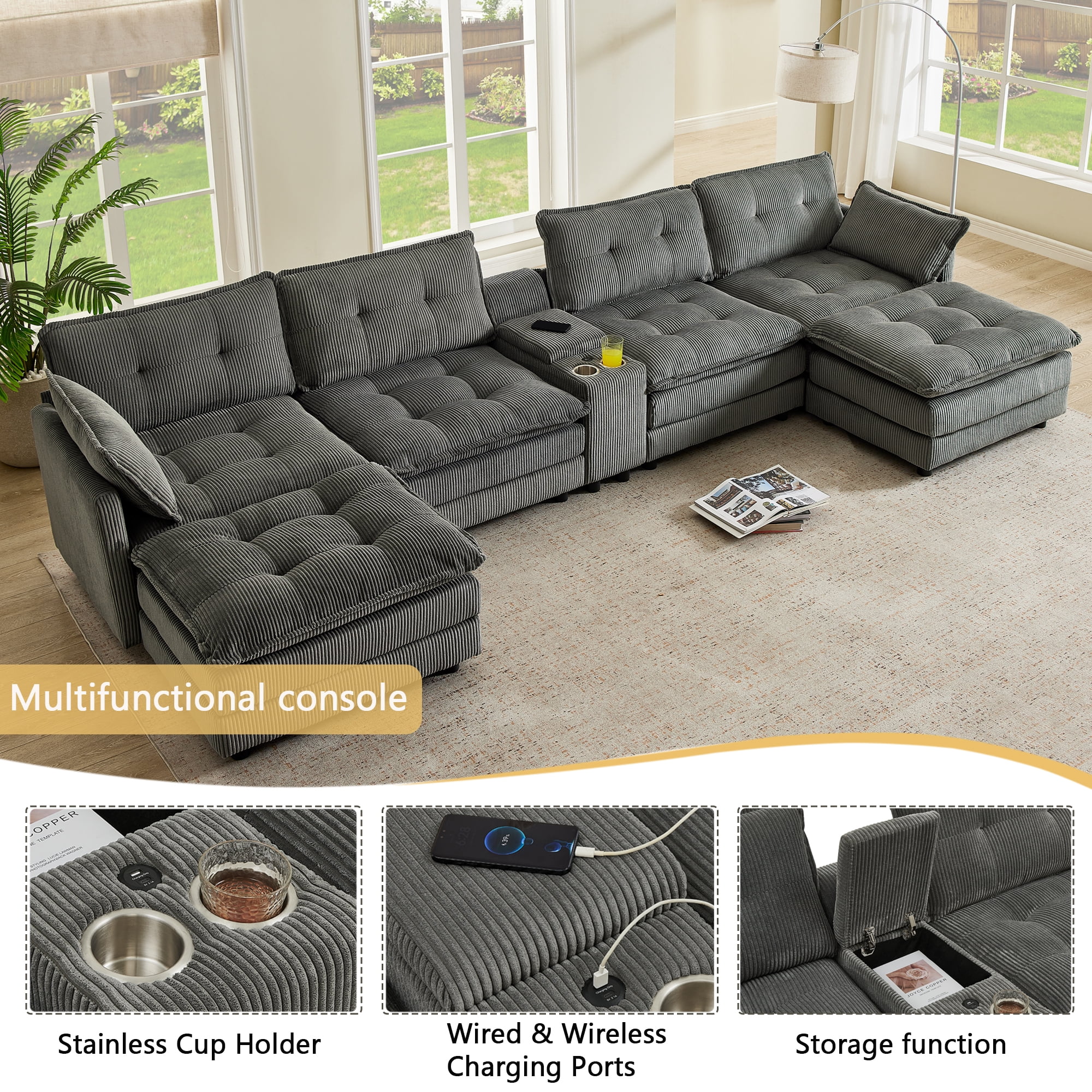 Gewnee 154" U-Shaped Sectional Sofa,Modern Corduroy Modular Sofa Couch with Storage Function,USB &Cup Holders,Movable Ottoman Sectional Couch for Living Room,Gray