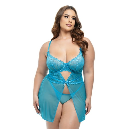 Emma Floral Lace & Mesh Underwire Babydoll w/G-String 2 pc Set - Beach Blue 1X