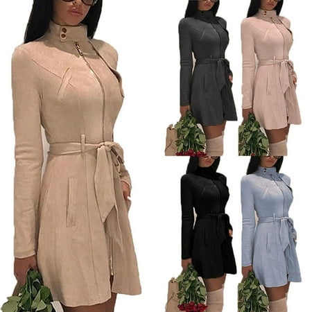 - Women Fashion Solid Zipper Jacket Long Sleeve Trench Coat Suede Casual Windbreaker Autumn Winter Long Dress Coats with Belt