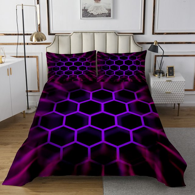 Erosebridal Chic Honeycomb Coverlet Set Queen, Purple Bedding Set, Abstract Geometry Decor 3-Piece