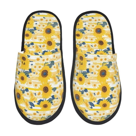 Balery Striped Sunflower Daisy Slient Indoor Furry Fleece Comfort House Shoes Soft Non-Slip Home Shoes Cotton slippers House Slippers-- Medium