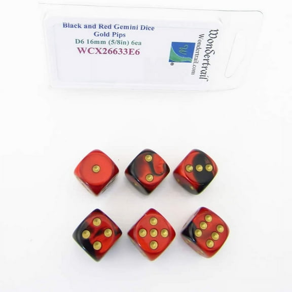 Black and Red Gemini Dice with Gold Pips D6 16mm (5/8in) Pack of 6 Wondertrail
