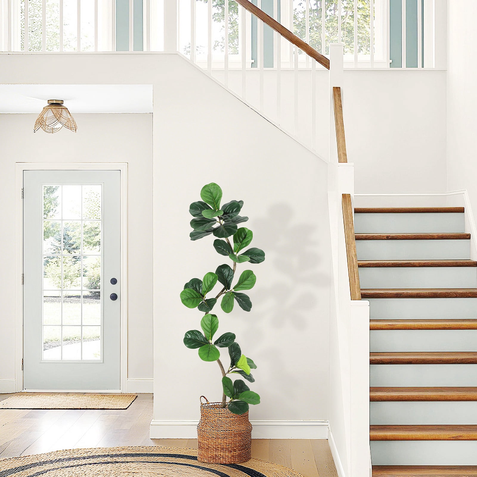 Lifelike Fiddle Leaf Fig Tree - Tall Artificial Indoor Plant with White or Grey Planter and Realistic Moss - Stylish Faux Decorative Plant for Home, Office, or Living Room - 5FT