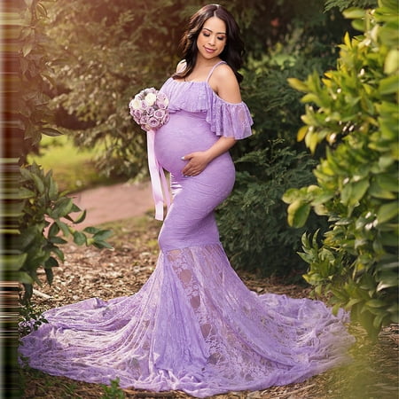 

CHMORA Women Pregnants Sexy Photography Props Short Sleeve Maternity Solid Lace Dress maternity clothes