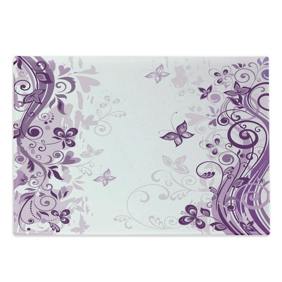 Butterfly Cutting Board, Illustration of Butterflies with Swirling Flowers Silhouette Floral Design Art, Decorative Tempered Glass Cutting and Serving Board, Large Size, Violet, by Ambesonne
