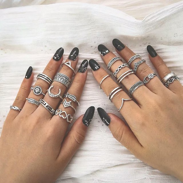 HOOUN 23PC Set Retro Silver Finger Open Ring Bohemia Moon Leaf Heart Love Gift 2088