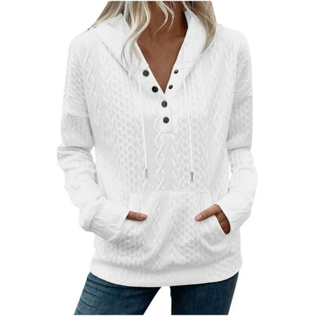WQQZJJ Womens Casual Fall & Winter Sweatshirts Tops with Pocket Twisted Knit Drawstring Hooded Neck Button Long Sleeve Women s Tops Solid Loose Shirts S-2XL
