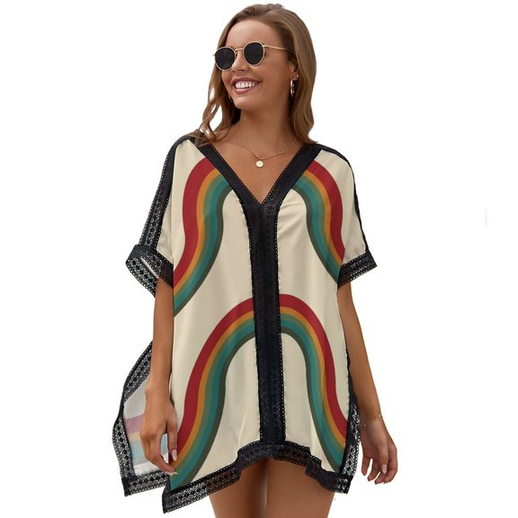 70s Retro Stripes -1 Beach Cover Ups for Women Bathing Suit Cover Up Lace Bikini Swimsuit Coverup Beach Dress Shirt One Size