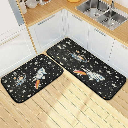 

Kitchen Rug Set 2 Pieces Non Slip Kitchen Mat for Kitchen Home Floor Sink 47 x19 +27 x19 An Astronaut and A Rocket
