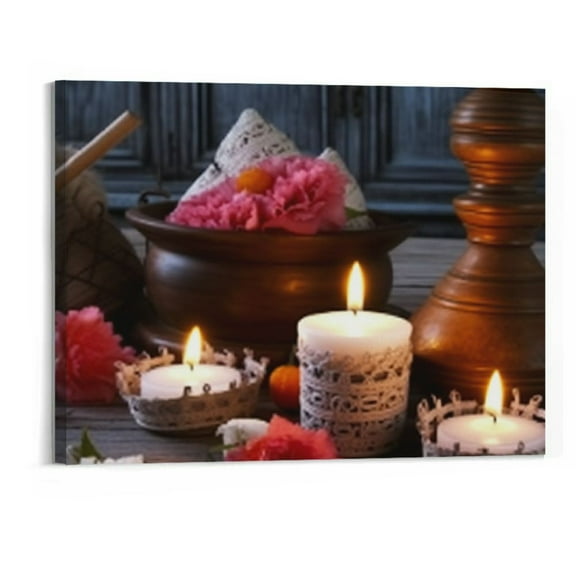 Creowell  Zen Art Wall Decor Bath Towels and Candle Pictures Canvas Prints SPA Wall Art for Bathroom Print Gallery Wrap Stretched and Framed Ready to Hang 20x16 Inch