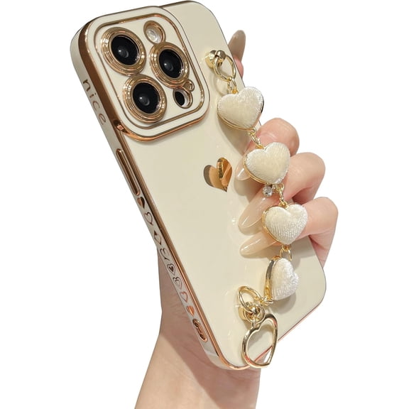MYKOMI for iPhone 15 Pro Case,Cute Plating Love Heart Wrist Strap Chain Bracelet Soft Compatible with iPhone Case for Women Girls