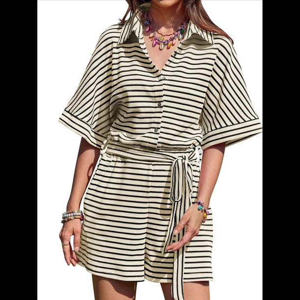 Mono Corto Informal de Verano A Rayas para Mujer, de Corta, con Botones y Cinturón, con Cintura Elástica. L