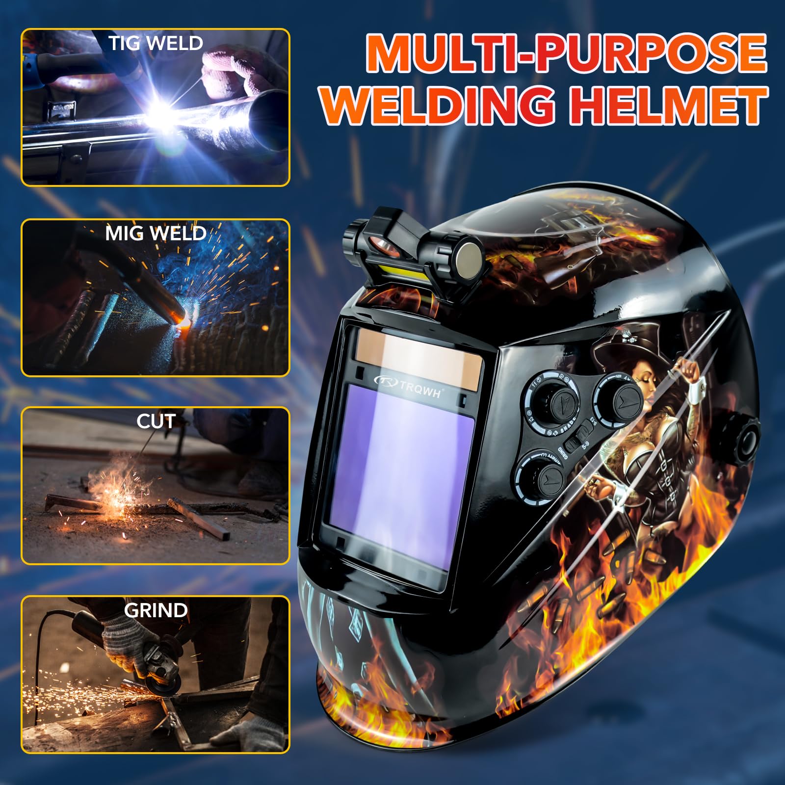 TRQWH Large View 3.94" x 3.15" Welding Helmet Auto Darkening Welding Hood with LED Light Solar Powered True Color 4 Arc Sensor Welding Mask Wide Shade 4/5-9/9-13 Weld Helmet with Grinding (KTS-QLS05)