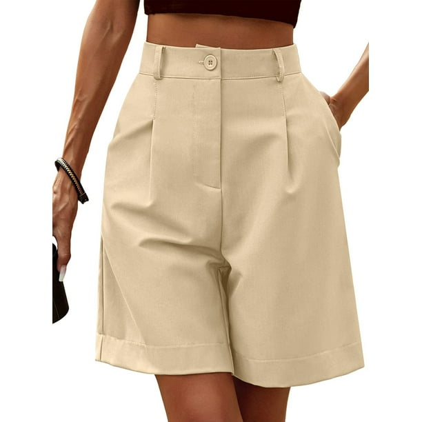 Sexy Dance Women Dress Shorts High Waist Workwear Solid Color Short Pants Plain Bottoms Bermuda Mini Trousers Light Khaki M
