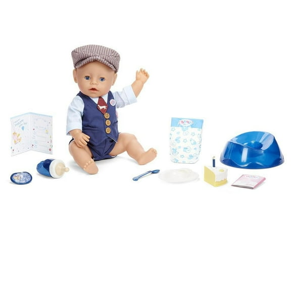 Poupée garçon interactive BABY born au thème de fête : yeux bleus avec 9 manières d’en prendre soin