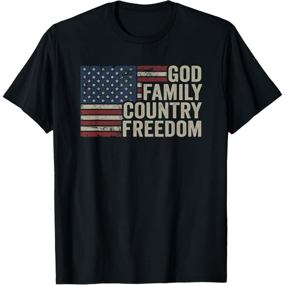 God Family Country Freedom - 4th July USA Flag Christian T-Shirt