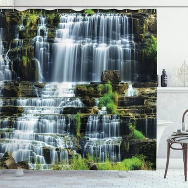 Ambesonne Tropical Shower Curtain, Waterfall Jungle Rural, 69"Wx70"L, Green White