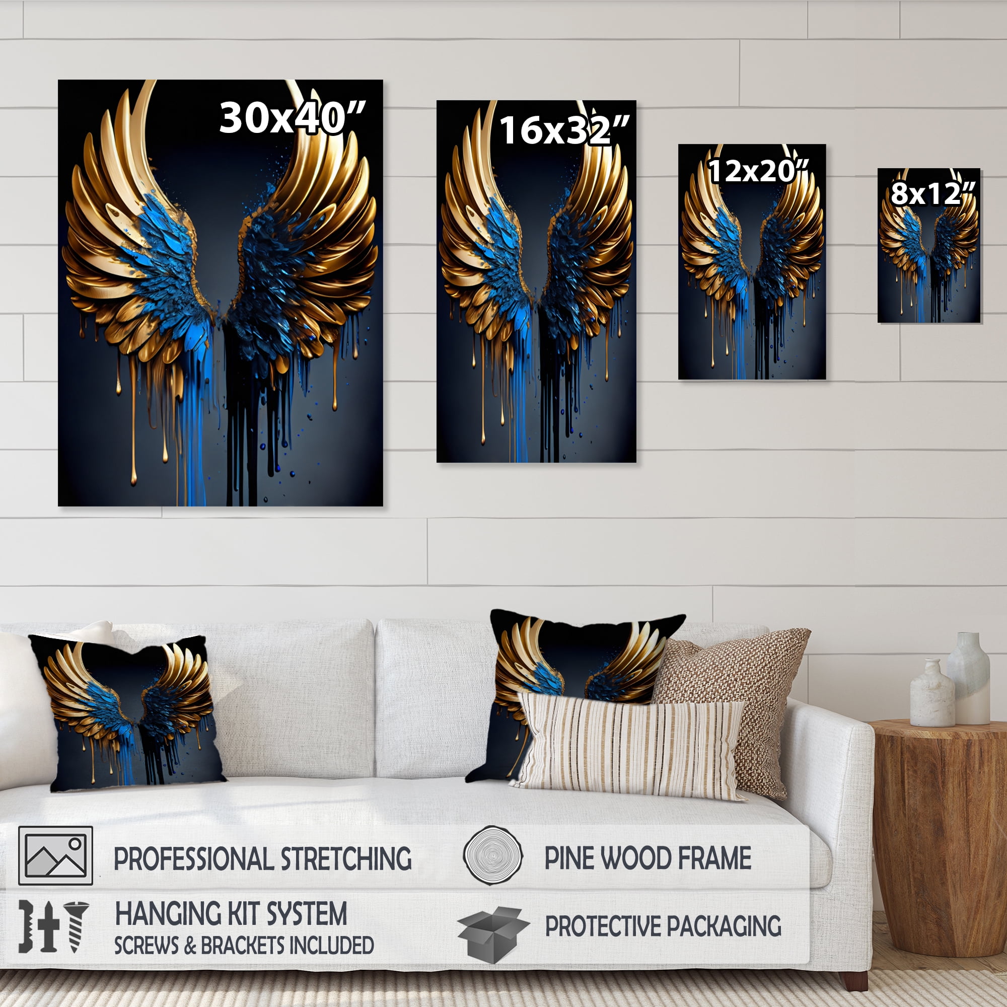 Designart Blue And Gold Angel Wings III Canvas Wall Art