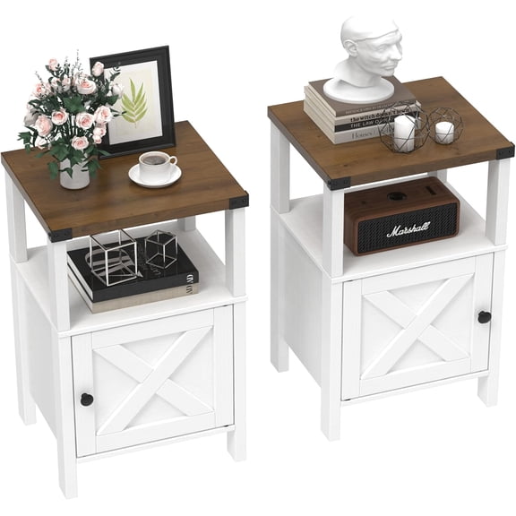 Hanyu Set of 2 Farmhouse Nightstands, Sofa Side End Table with Storage, Wood Bedside Table with Barn Door for Bedroom Living Room Rustic Vintage White