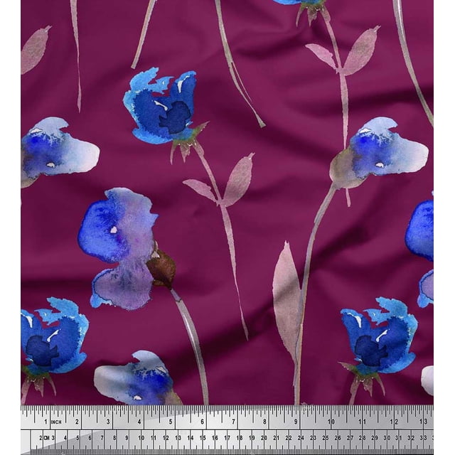 Soimoi Tissu Georgette Poly Rouge Feuilles, Tissu Imprimé Floral Violet et Bleu 1 Yard 52 Pouces de Large
