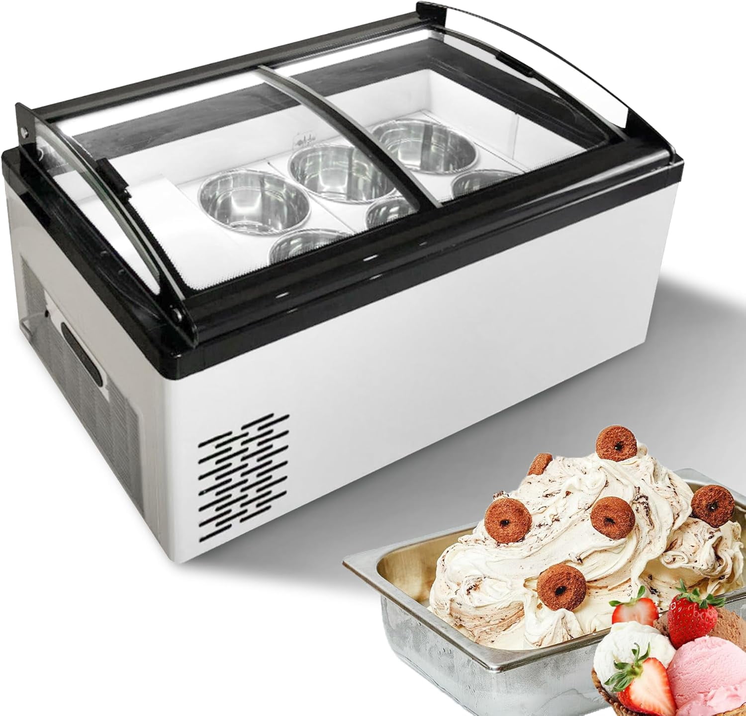 Mvckyi Commercial Ice Cream Freezer Display Case, 6 Tubs Gelato Dipping Cabinet, Countertop Ice Cream Display Freezer, 2 Sliding Glass Doors, 6.4 Cu.ft, with LED Warm Light, for Supermarket