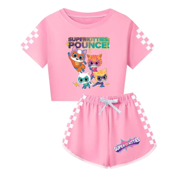 Girls SuperKitties Crop Top Set – Kids Lightweight 2-Piece Summer Outfit with Shorts
