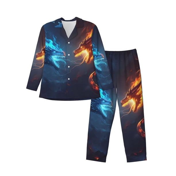 Fotbe Red And Blue Fire Dragon C Pijama de Hombre con Estampado de Manga Larga, Conjunto de 2 Piezas, Ropa de Dormir Suave y Cómoda con Bolsillos-Medium