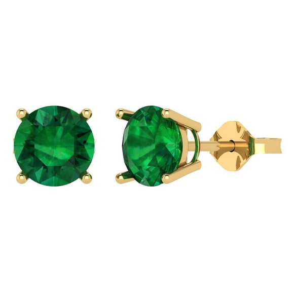 3 ct Push-Back Stud Earrings for Women | 7.5mm Round Cut Simulated Emerald | 18K Yellow Gold