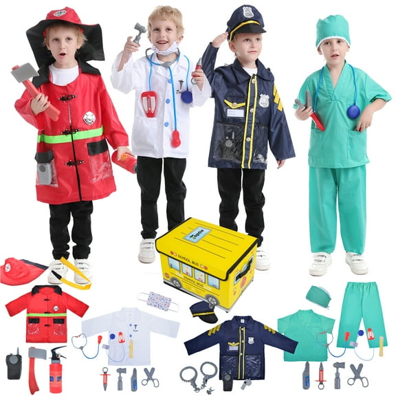 Toptie 4 Sets Kids Costumes w/ Storage Box for Age 3-7, Kids Dress Up Uniforms Fireman Doctor Police Surgeon