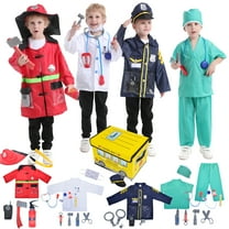 Toptie 4 Sets Kids Costumes w/ Storage Box for Age 3-7, Kids Dress Up Uniforms Fireman Doctor Police Surgeon