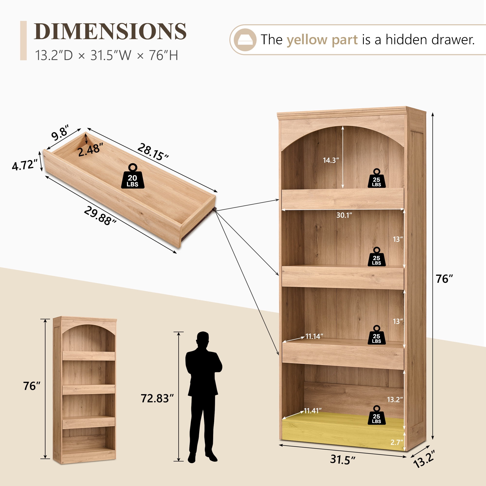 SinCiDo 76" Tall Arched Bookcase w/Hidden Magnetic Lock Drawer at the Bottom, 4-Tier Large Open Bookshelf w/3 Pull-Out Drawers for Living Room, Office