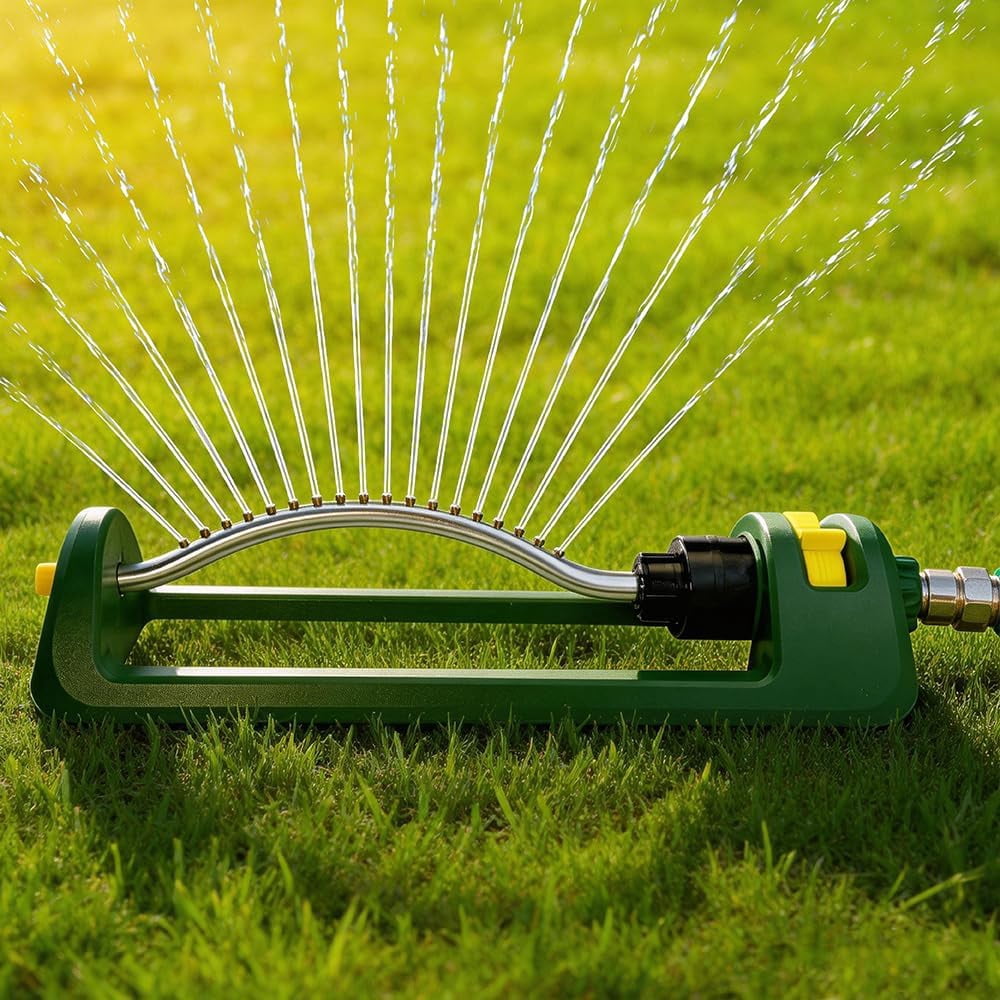 LSKJGA-Lawn Sprinkler, 18 Brass Nozzles Garden Water Oscillating Sprinkler for Yard Covers up to 3,600 sq.ft, Heavy Weight Base, Built-in Spray Jet Cleaning Needle, Green, Yellow